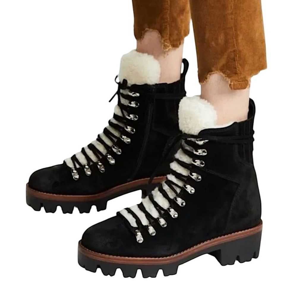 Jeffrey Campbell Culvert Black Suede Leather & Sherpa Lace Up Boots Size 10